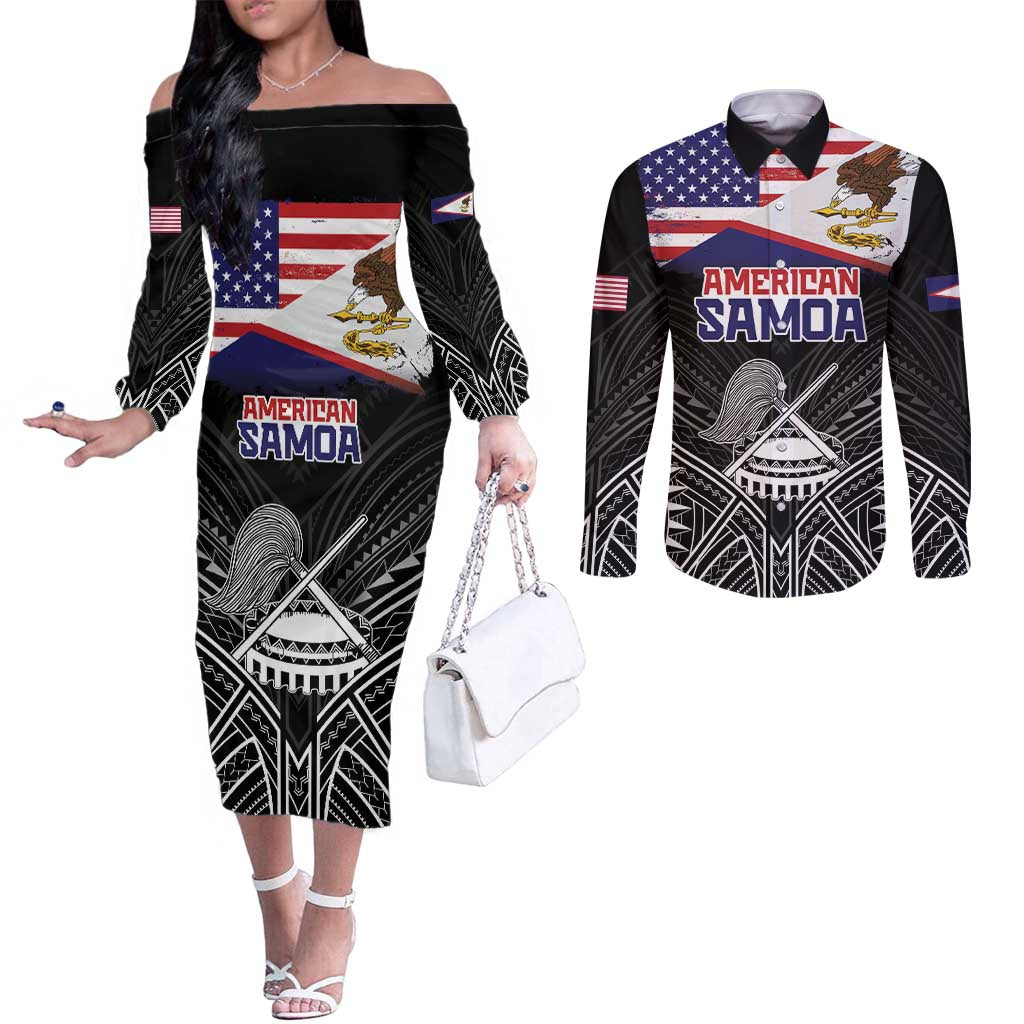 American Samoa Flag Day Couples Matching Off The Shoulder Long Sleeve Dress and Long Sleeve Button Shirt Bald Eagle With Polynesian Pattern