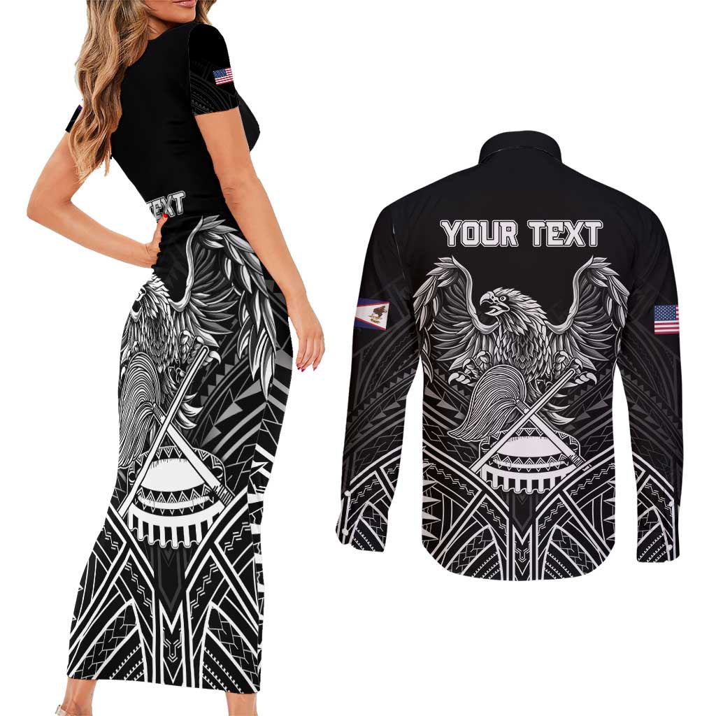 American Samoa Flag Day Couples Matching Short Sleeve Bodycon Dress and Long Sleeve Button Shirt Bald Eagle With Polynesian Pattern