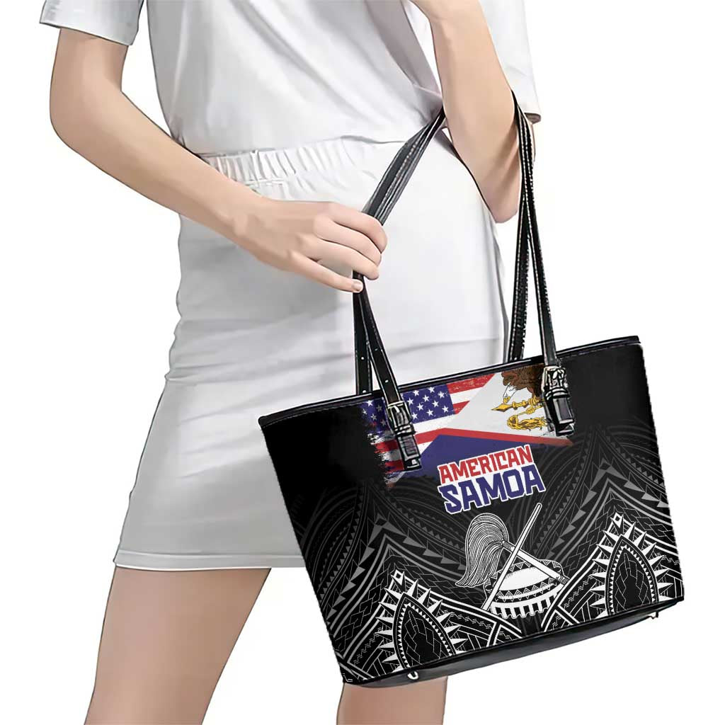 American Samoa Flag Day Leather Tote Bag Bald Eagle With Polynesian Pattern