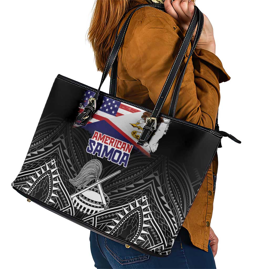 American Samoa Flag Day Leather Tote Bag Bald Eagle With Polynesian Pattern