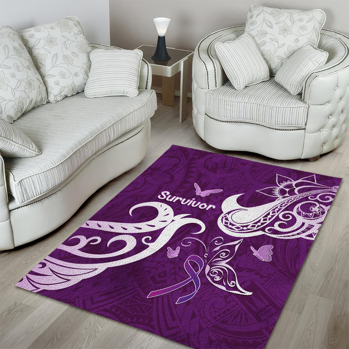 Fibromyalgia Awareness Area Rug Polynesian Purple Ribbon