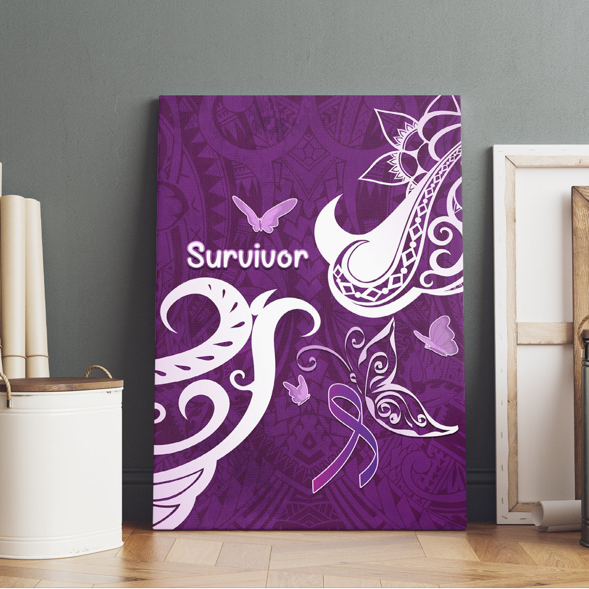 Fibromyalgia Awareness Canvas Wall Art Polynesian Purple Ribbon