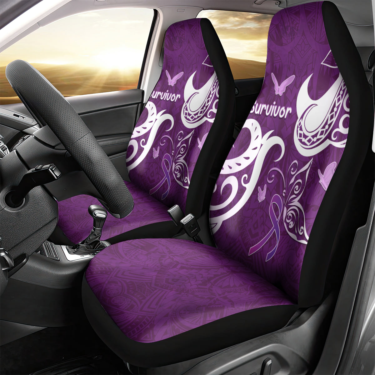 Fibromyalgia Awareness Car Seat Cover Polynesian Purple Ribbon
