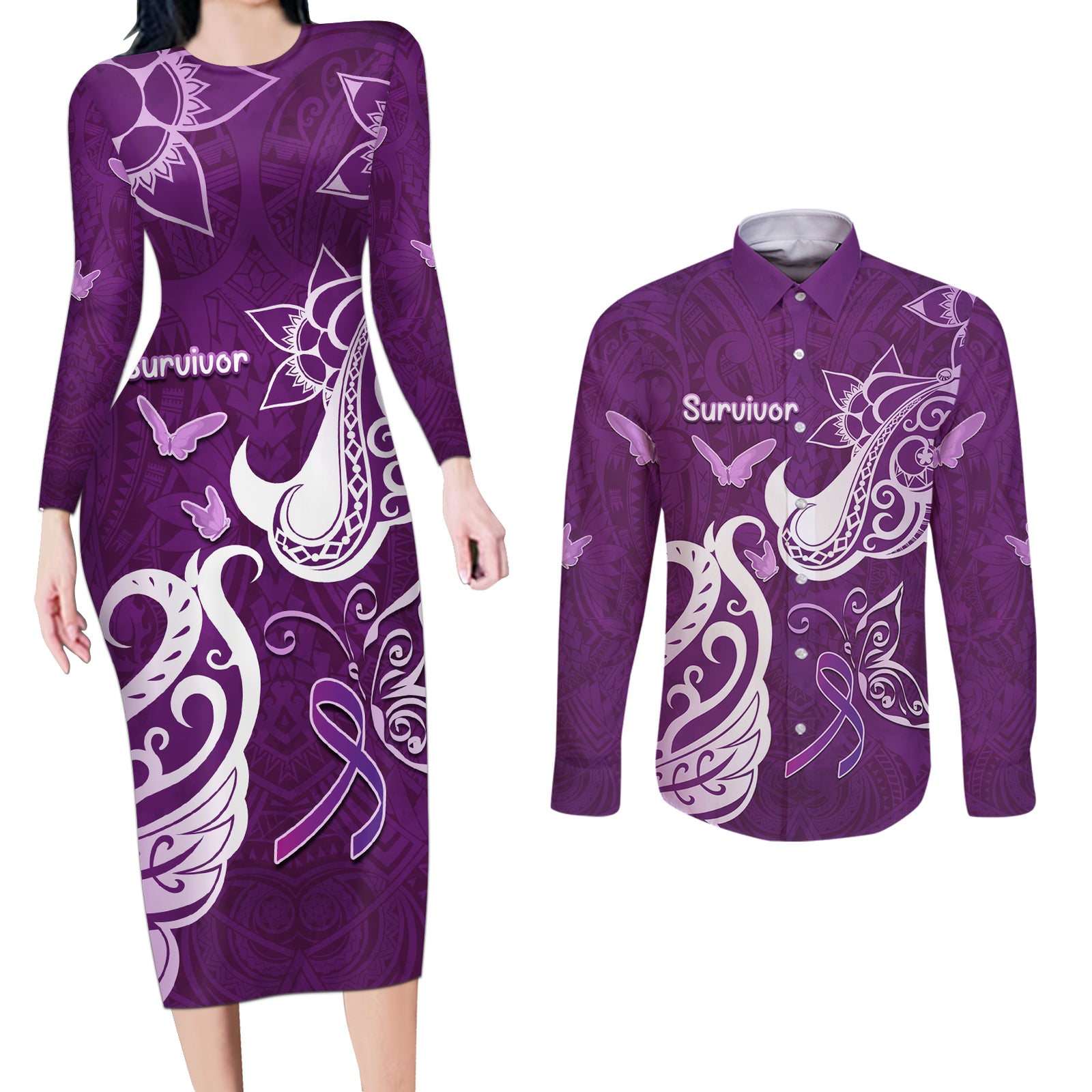 Personalised Fibromyalgia Awareness Couples Matching Long Sleeve Bodycon Dress and Long Sleeve Button Shirt Polynesian Purple Ribbon