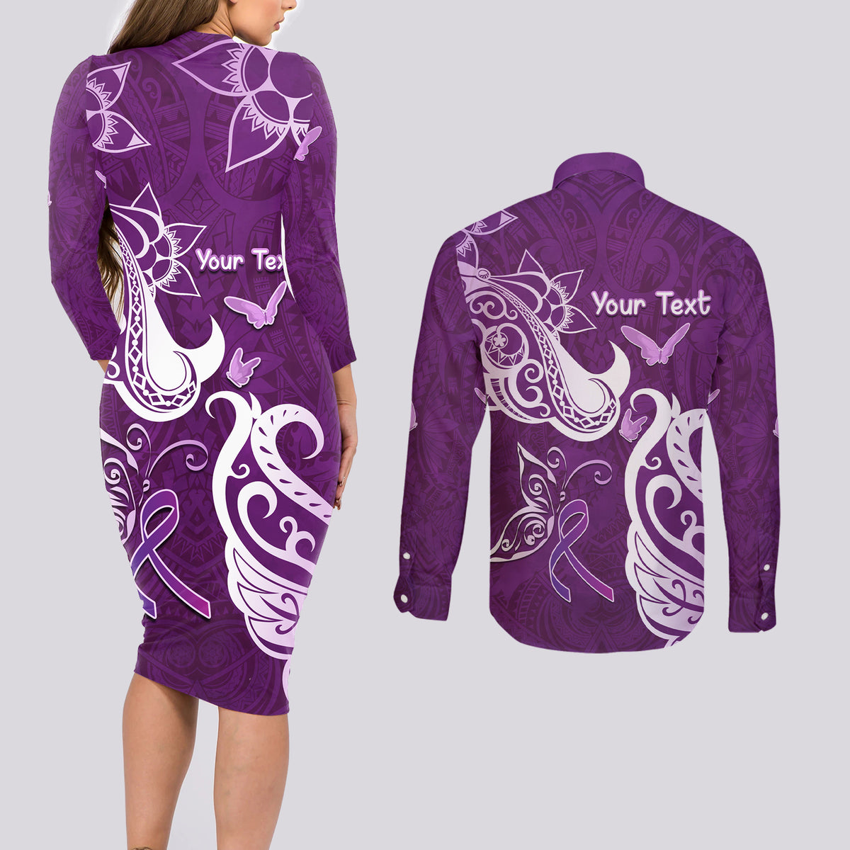 Personalised Fibromyalgia Awareness Couples Matching Long Sleeve Bodycon Dress and Long Sleeve Button Shirt Polynesian Purple Ribbon