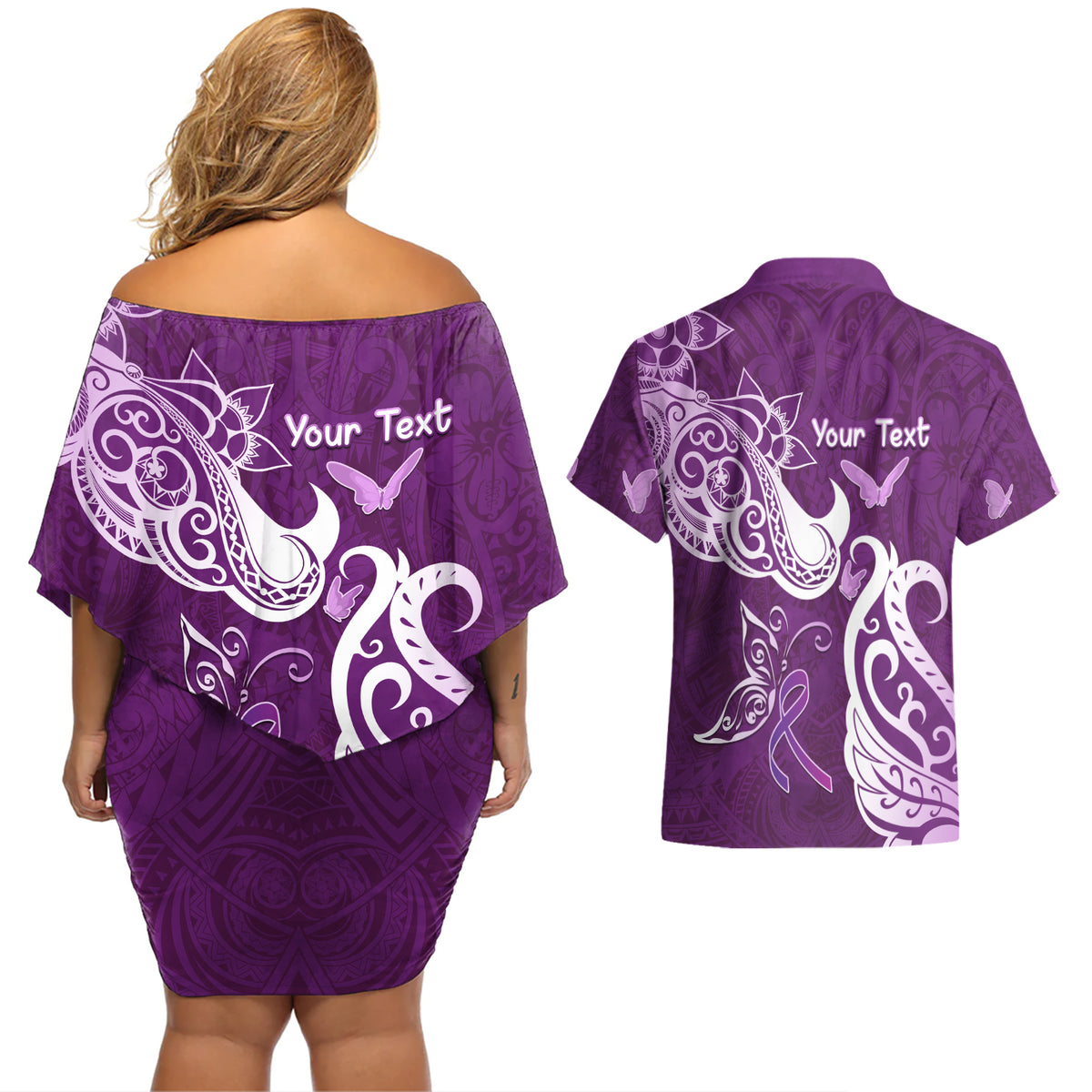 Personalised Fibromyalgia Awareness Couples Matching Off Shoulder Short Dress and Hawaiian Shirt Polynesian Purple Ribbon