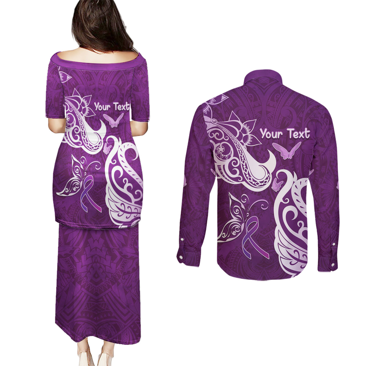 Personalised Fibromyalgia Awareness Couples Matching Puletasi and Long Sleeve Button Shirt Polynesian Purple Ribbon
