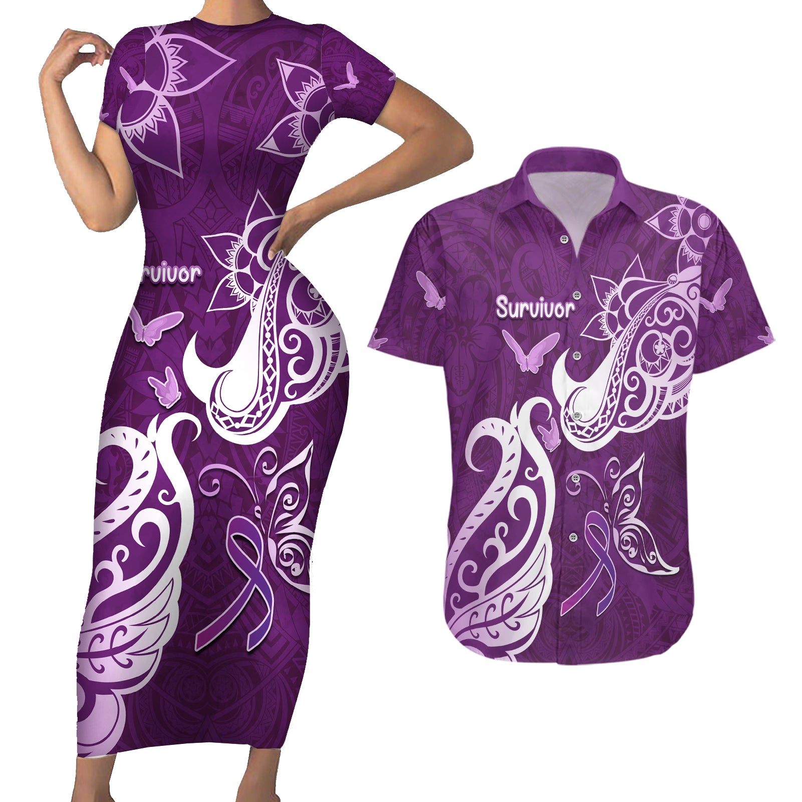 Personalised Fibromyalgia Awareness Couples Matching Short Sleeve Bodycon Dress and Hawaiian Shirt Polynesian Purple Ribbon