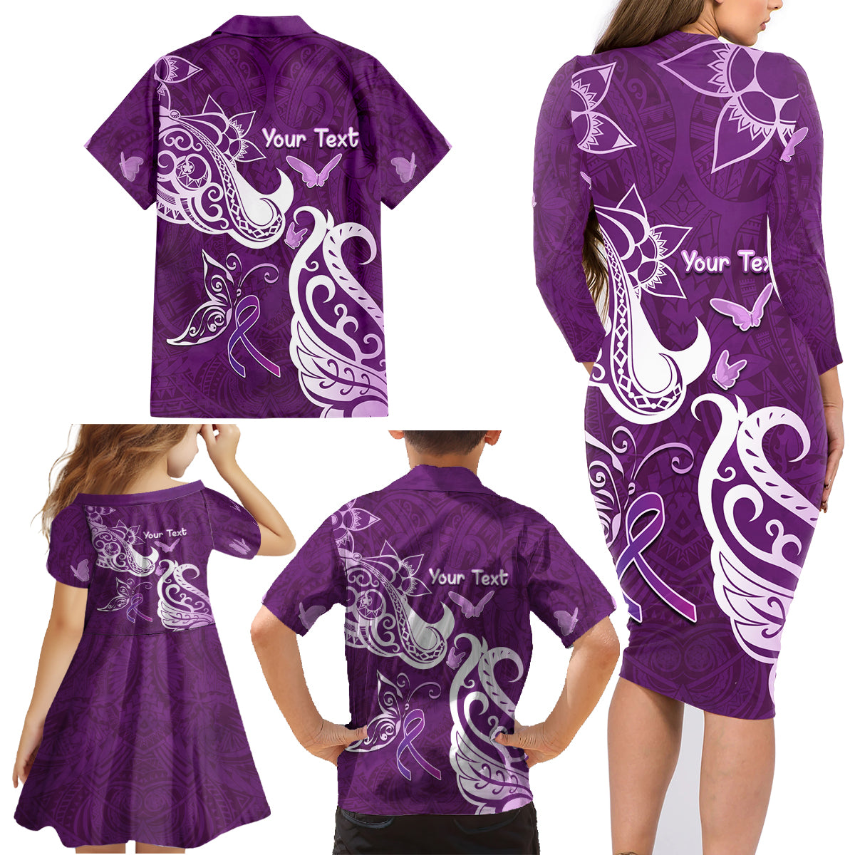 Personalised Fibromyalgia Awareness Family Matching Long Sleeve Bodycon Dress and Hawaiian Shirt Polynesian Purple Ribbon
