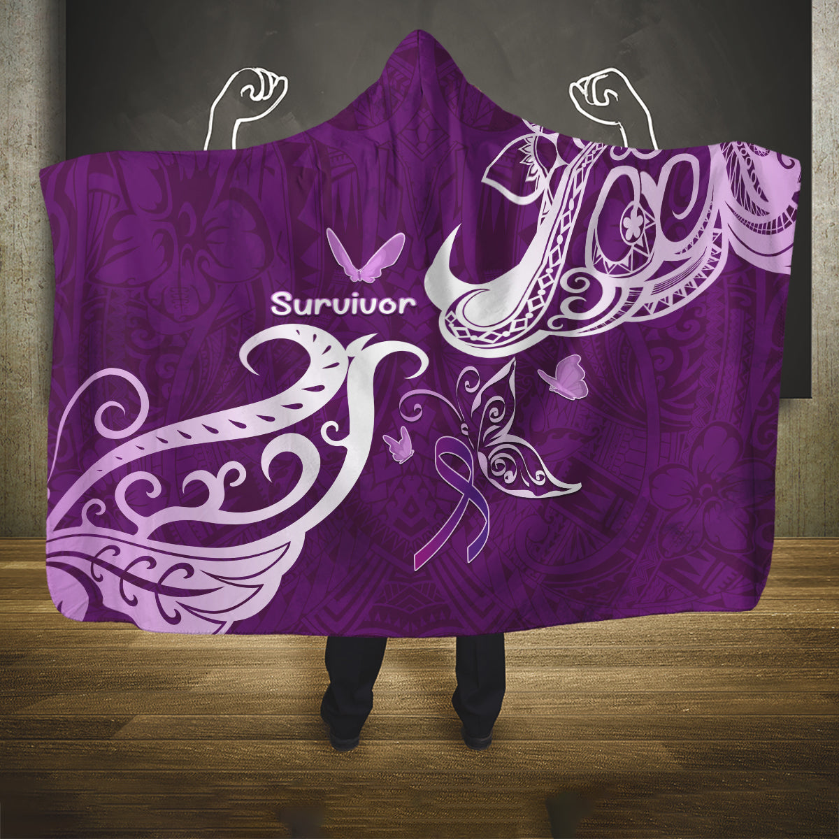 Fibromyalgia Awareness Hooded Blanket Polynesian Purple Ribbon