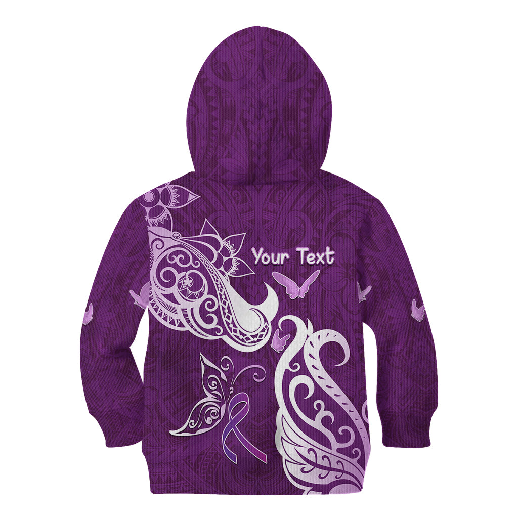 Personalised Fibromyalgia Awareness Kid Hoodie Polynesian Purple Ribbon