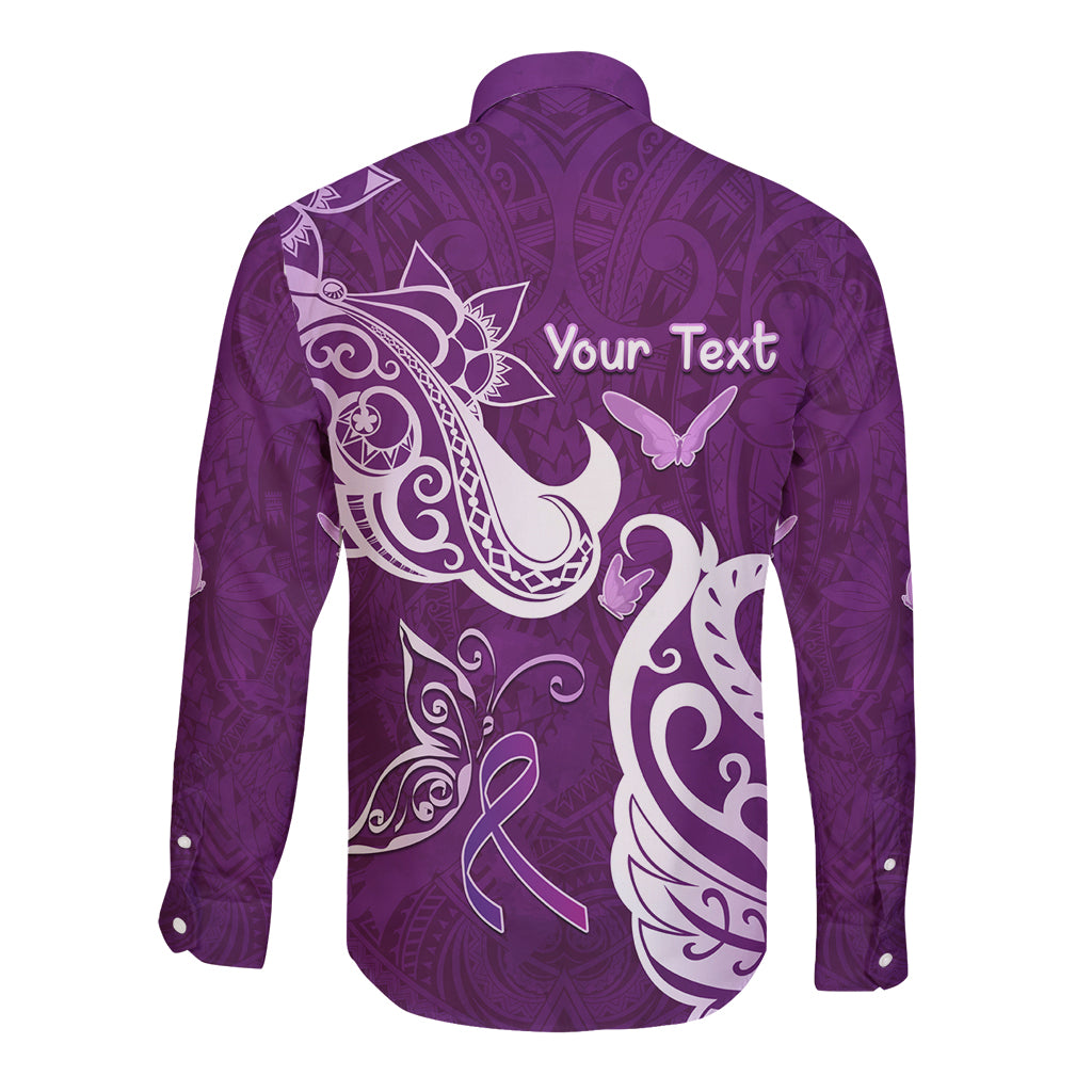 Personalised Fibromyalgia Awareness Long Sleeve Button Shirt Polynesian Purple Ribbon
