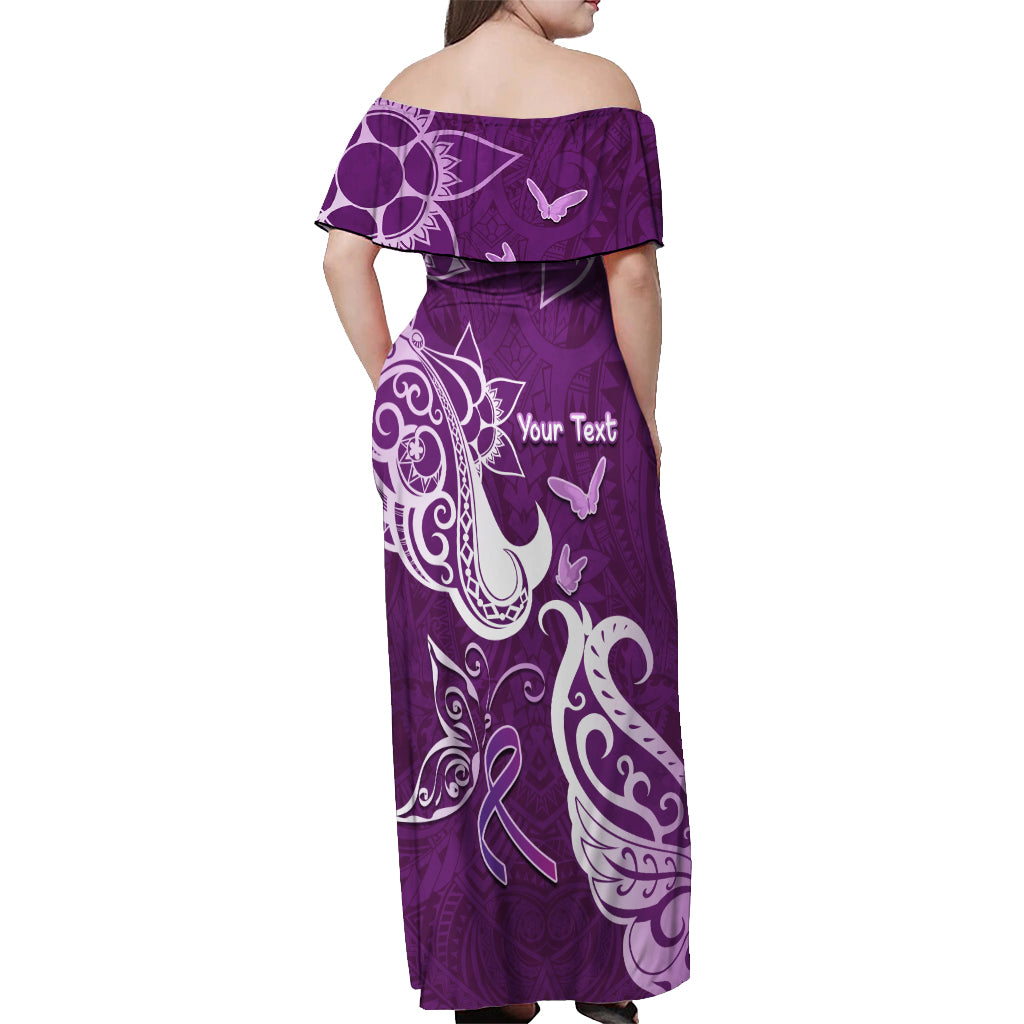 Personalised Fibromyalgia Awareness Off Shoulder Maxi Dress Polynesian Purple Ribbon