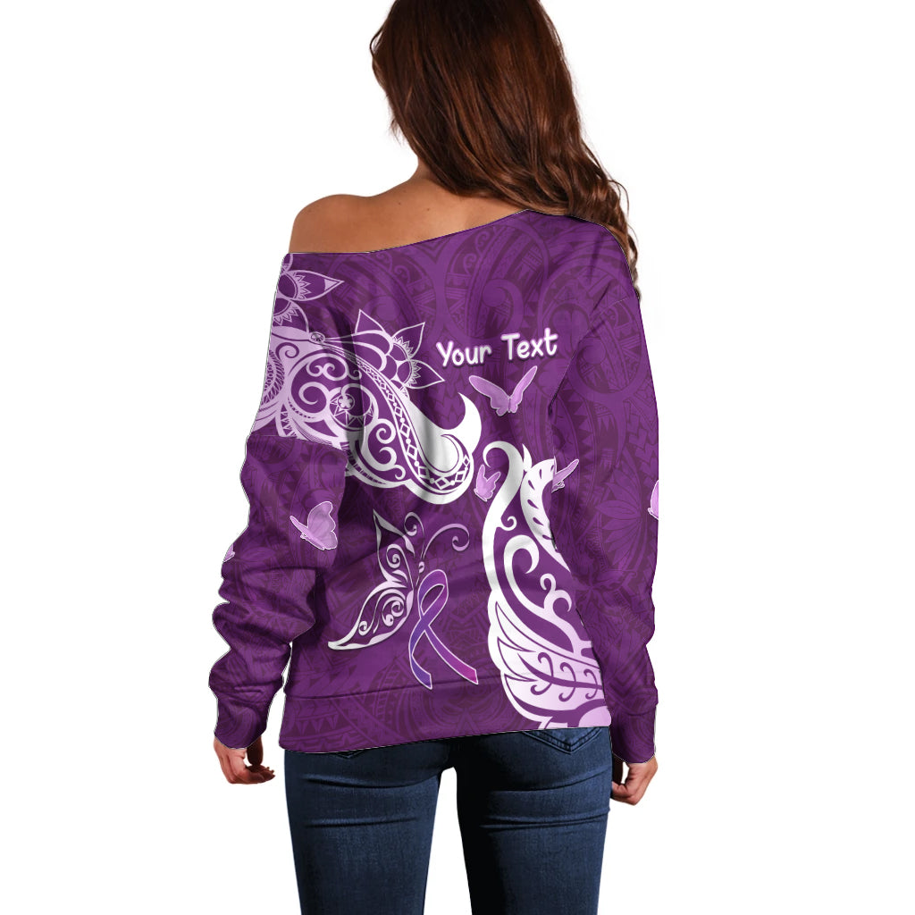 Personalised Fibromyalgia Awareness Off Shoulder Sweater Polynesian Purple Ribbon