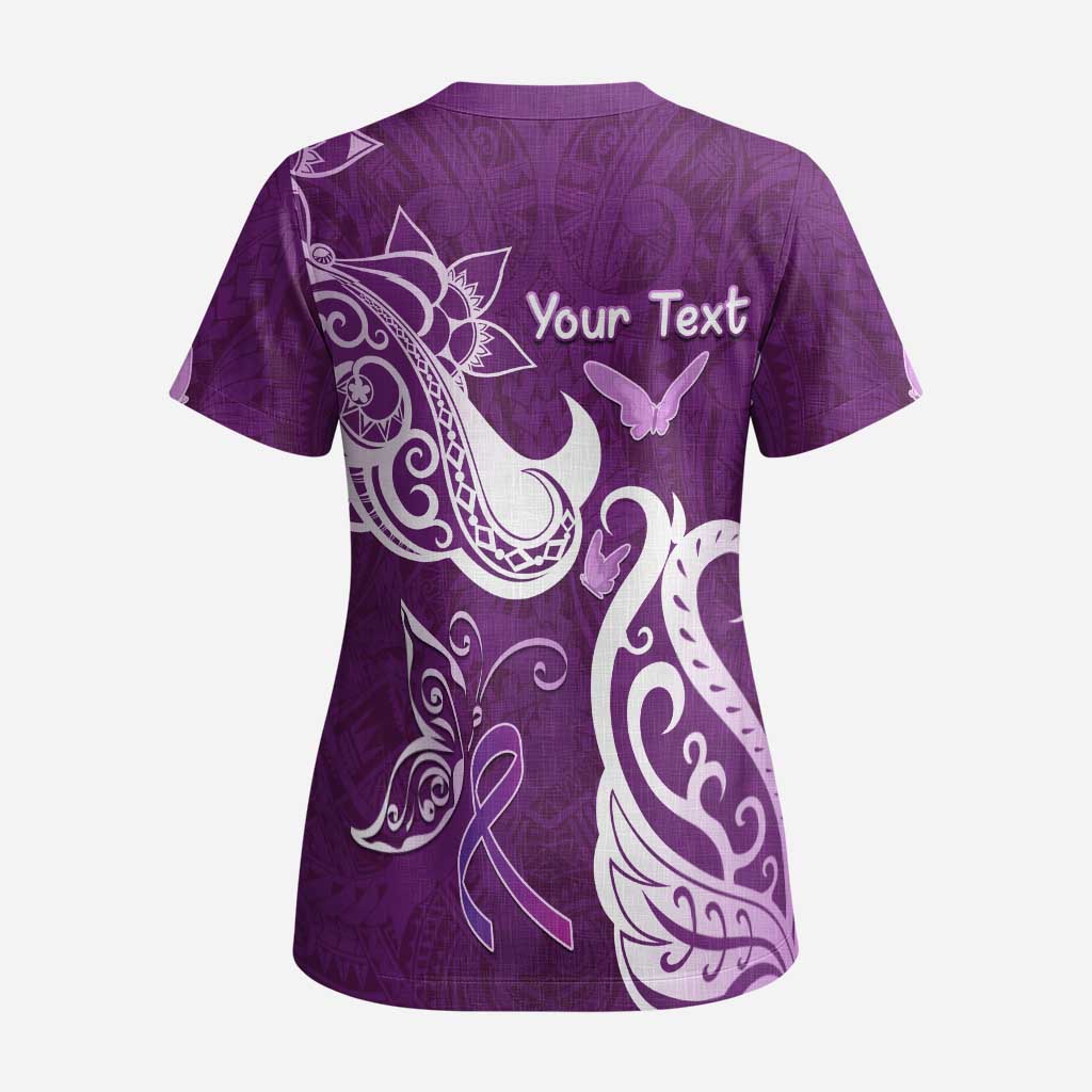 Personalised Fibromyalgia Awareness Scrub Top Polynesian Purple Ribbon - Polynesian Pride