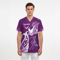 Personalised Fibromyalgia Awareness Scrub Top Polynesian Purple Ribbon - Polynesian Pride
