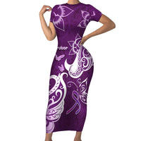 Personalised Fibromyalgia Awareness Short Sleeve Bodycon Dress Polynesian Purple Ribbon