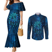 New Zealand Dream Catcher Couples Matching Mermaid Dress and Long Sleeve Button Shirt Maori Koru Pattern Blue Version LT05 Blue - Polynesian Pride