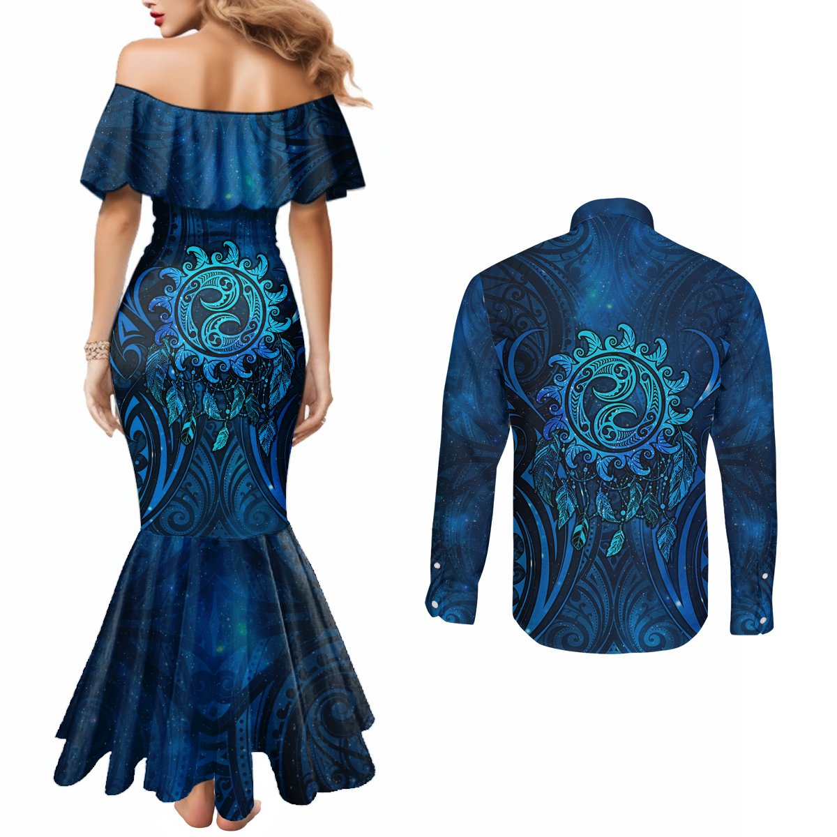 New Zealand Dream Catcher Couples Matching Mermaid Dress and Long Sleeve Button Shirt Maori Koru Pattern Blue Version LT05 - Polynesian Pride