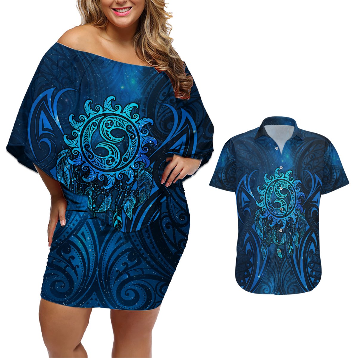 New Zealand Dream Catcher Couples Matching Off Shoulder Short Dress and Hawaiian Shirt Maori Koru Pattern Blue Version LT05 Blue - Polynesian Pride