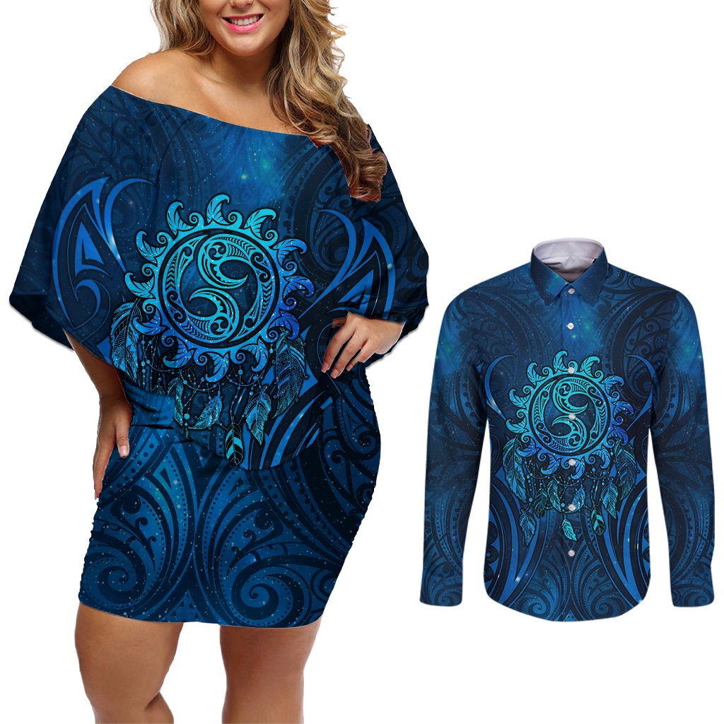 New Zealand Dream Catcher Couples Matching Off Shoulder Short Dress and Long Sleeve Button Shirt Maori Koru Pattern Blue Version LT05 Blue - Polynesian Pride