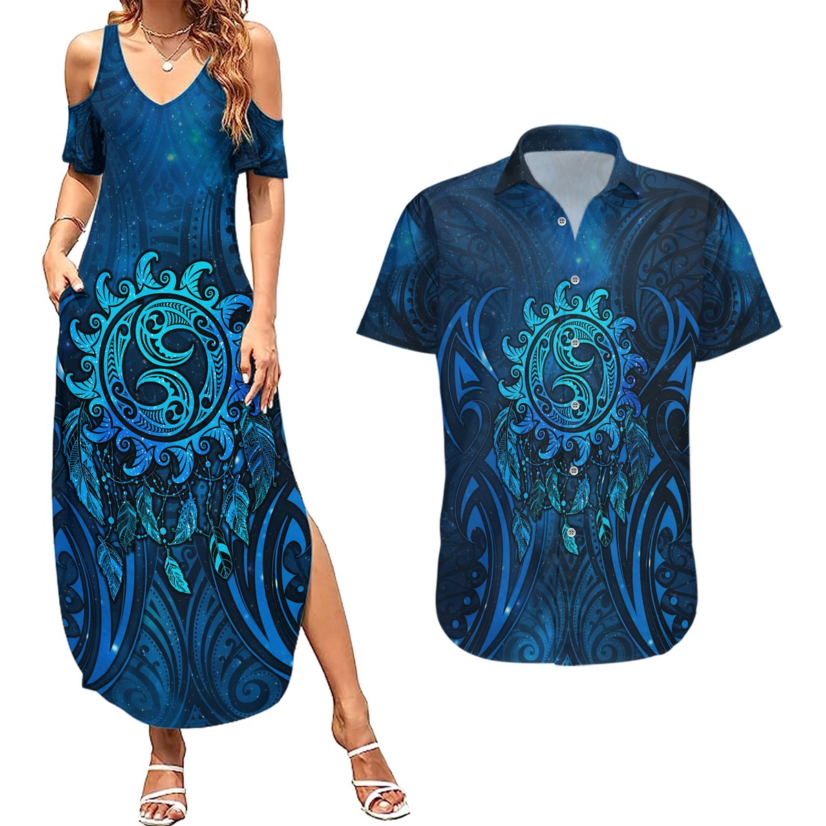 New Zealand Dream Catcher Couples Matching Summer Maxi Dress and Hawaiian Shirt Maori Koru Pattern Blue Version LT05 Blue - Polynesian Pride