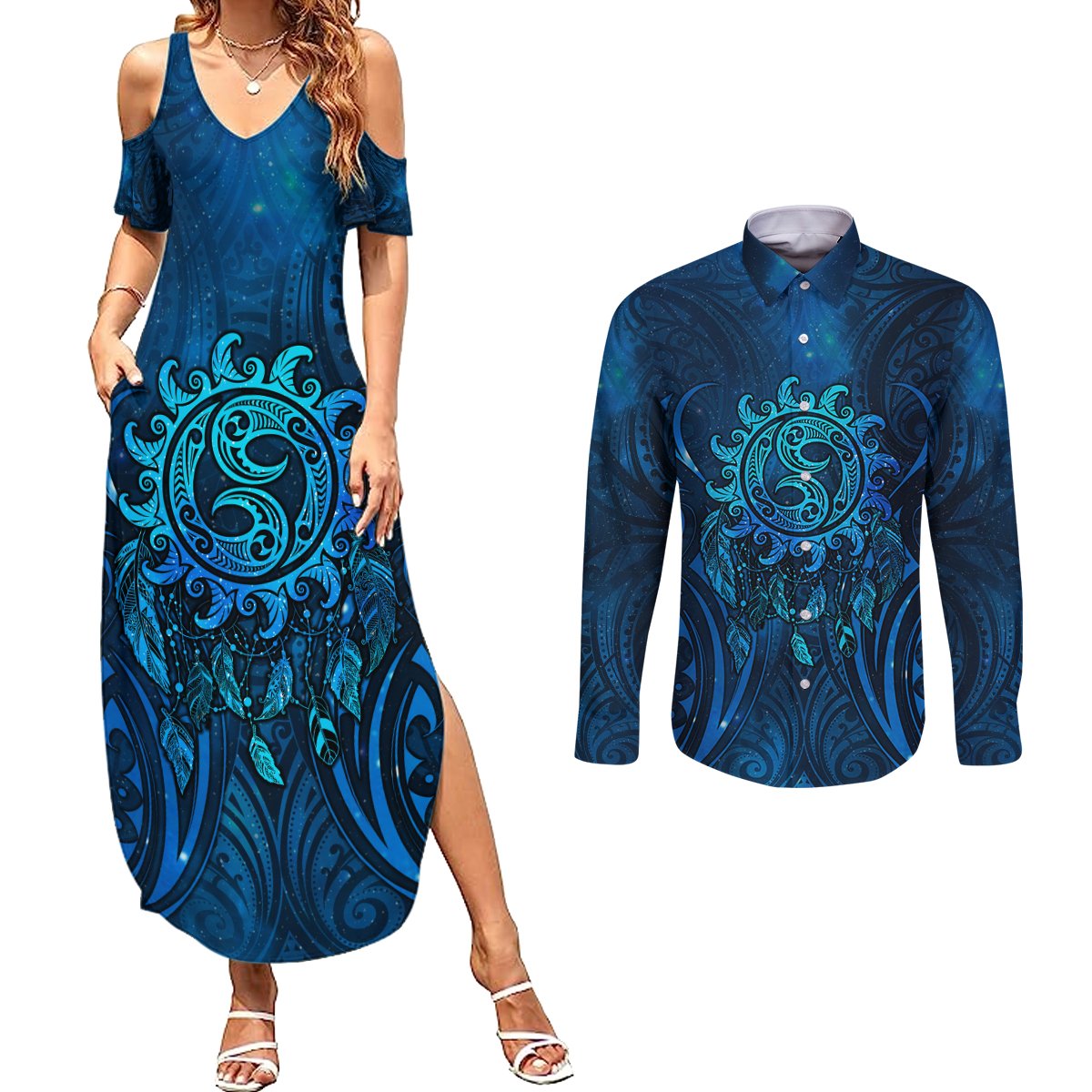 New Zealand Dream Catcher Couples Matching Summer Maxi Dress and Long Sleeve Button Shirt Maori Koru Pattern Blue Version LT05 Blue - Polynesian Pride