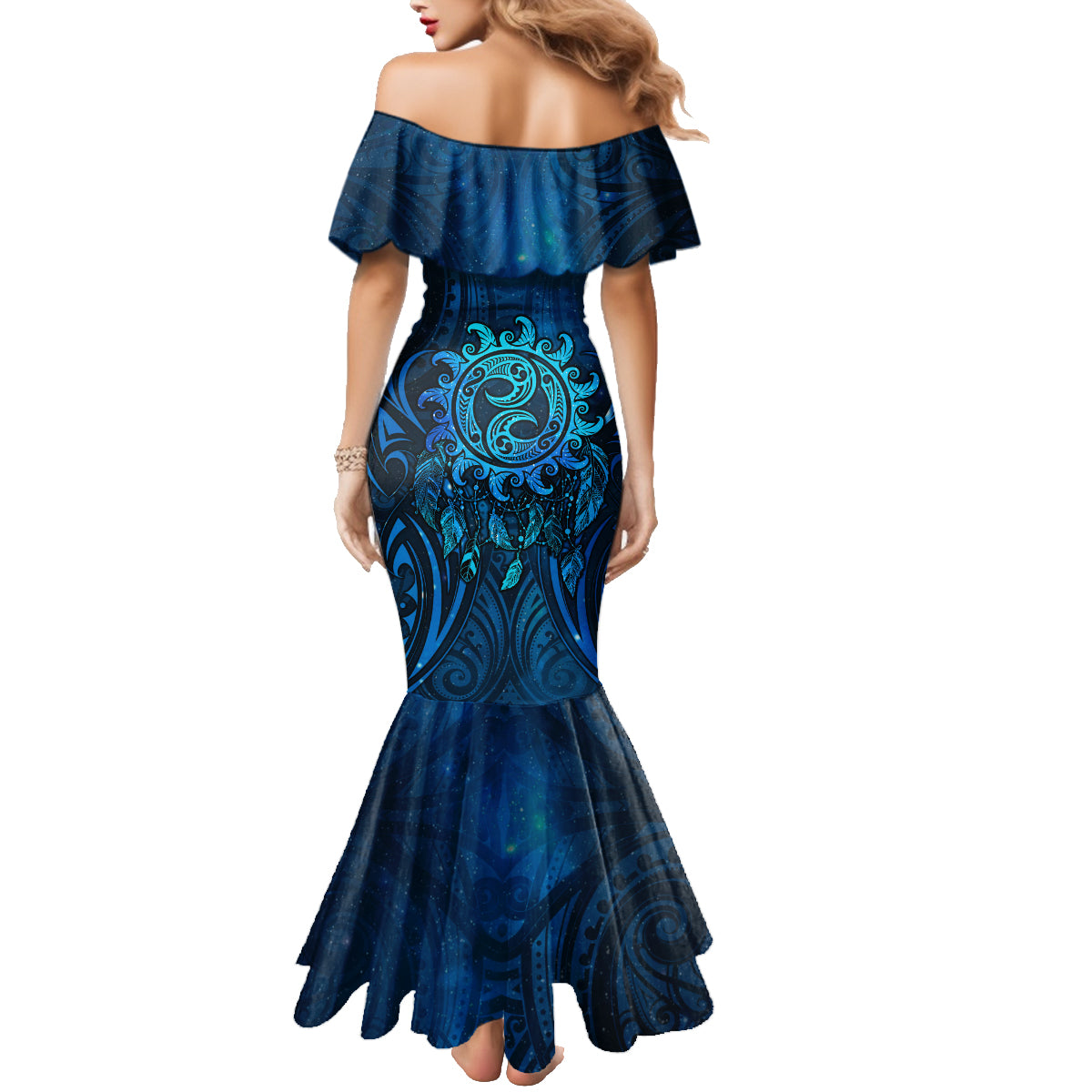 New Zealand Dream Catcher Family Matching Mermaid Dress and Hawaiian Shirt Maori Koru Pattern Blue Version