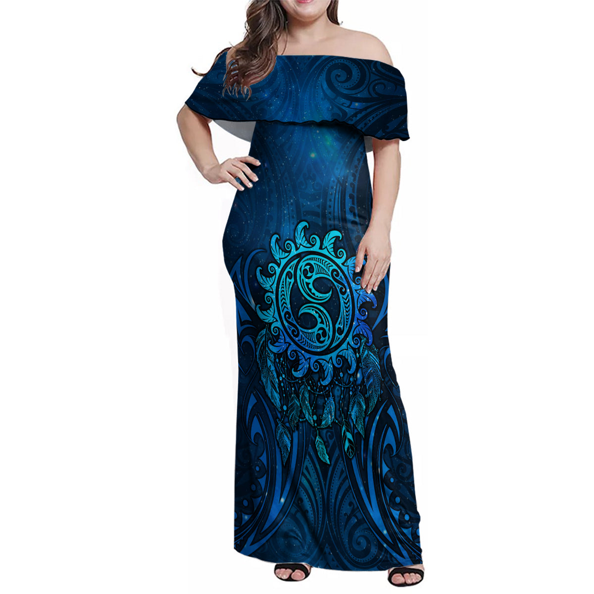 New Zealand Dream Catcher Family Matching Off Shoulder Maxi Dress and Hawaiian Shirt Maori Koru Pattern Blue Version LT05 Mom's Dress Blue - Polynesian Pride