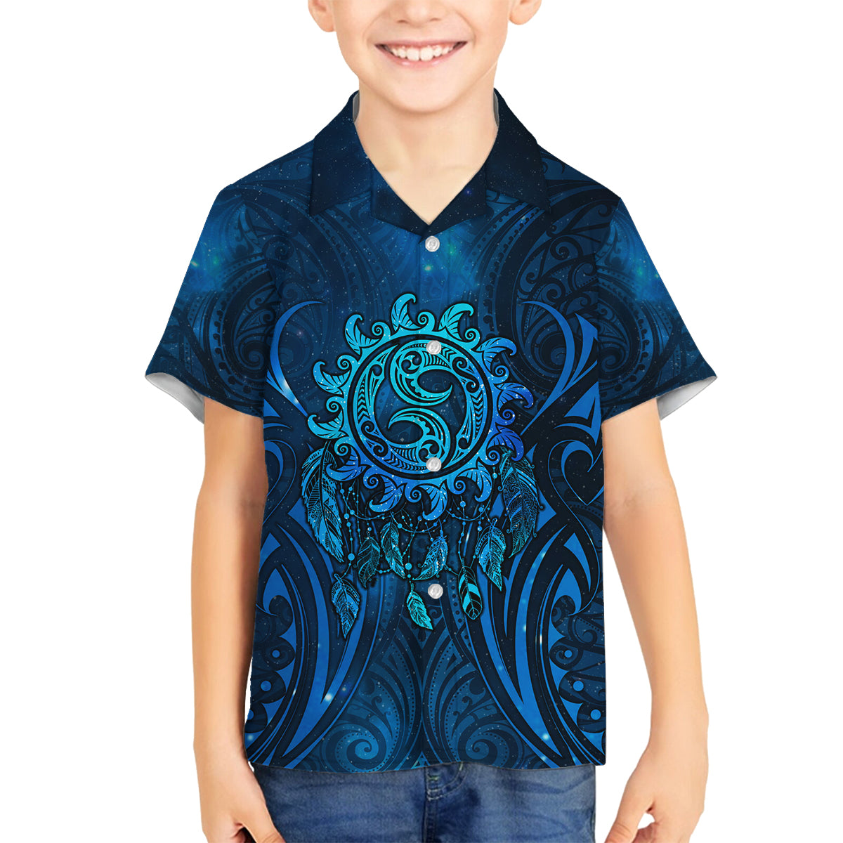 New Zealand Dream Catcher Family Matching Off Shoulder Maxi Dress and Hawaiian Shirt Maori Koru Pattern Blue Version LT05 Son's Shirt Blue - Polynesian Pride