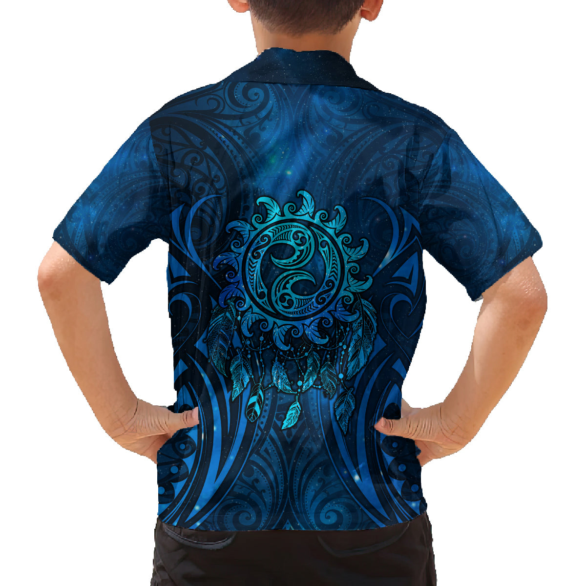 New Zealand Dream Catcher Family Matching Off Shoulder Short Dress and Hawaiian Shirt Maori Koru Pattern Blue Version LT05 - Polynesian Pride