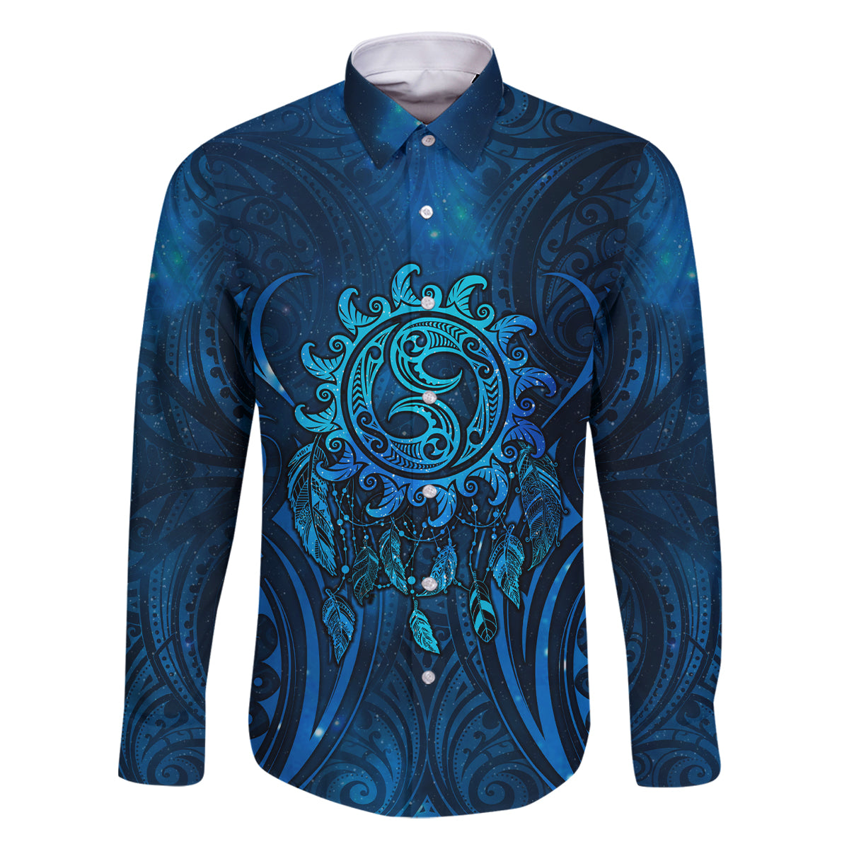 New Zealand Dream Catcher Family Matching Off Shoulder Short Dress and Hawaiian Shirt Maori Koru Pattern Blue Version LT05 Dad's Shirt - Long Sleeve Blue - Polynesian Pride