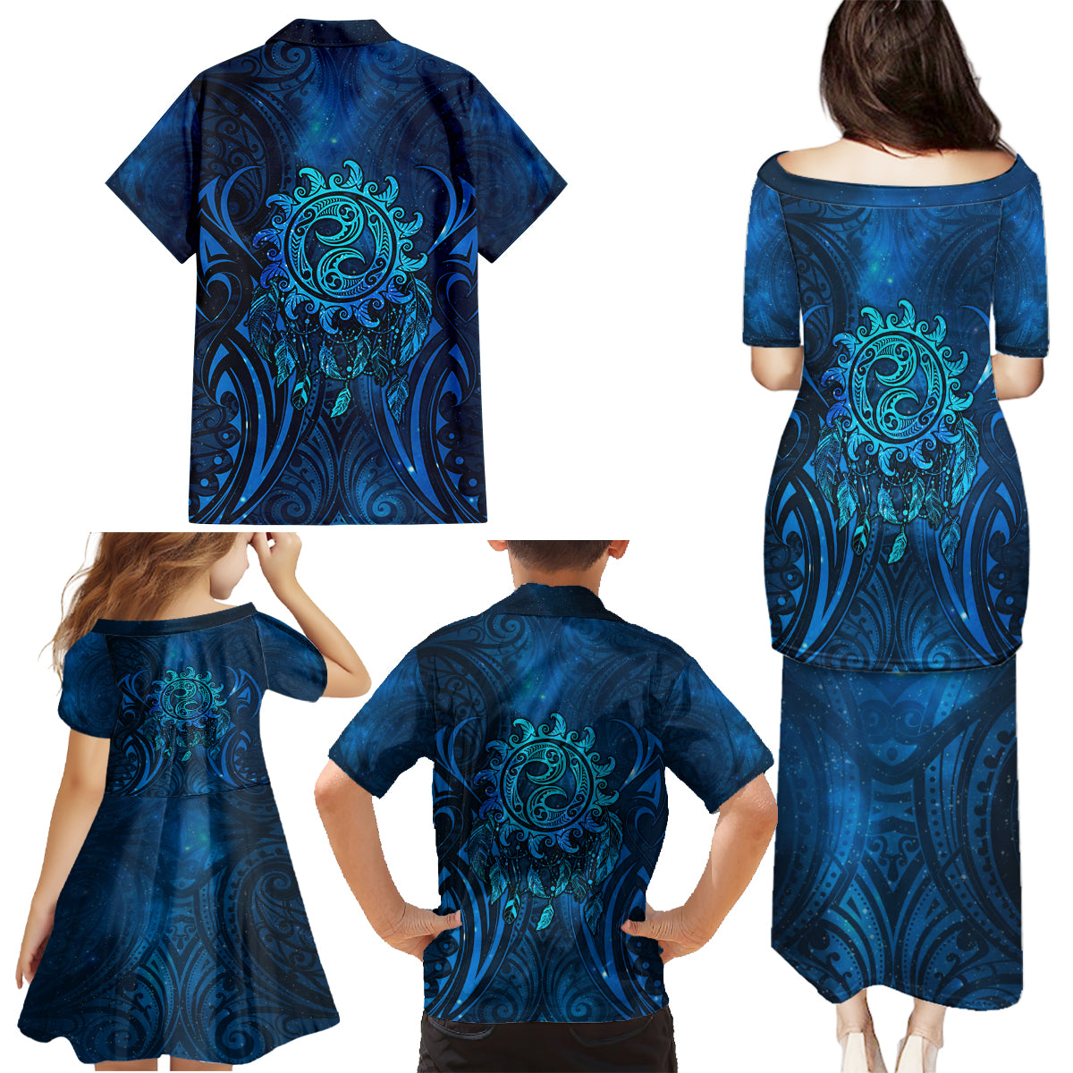 New Zealand Dream Catcher Family Matching Puletasi and Hawaiian Shirt Maori Koru Pattern Blue Version LT05 - Polynesian Pride