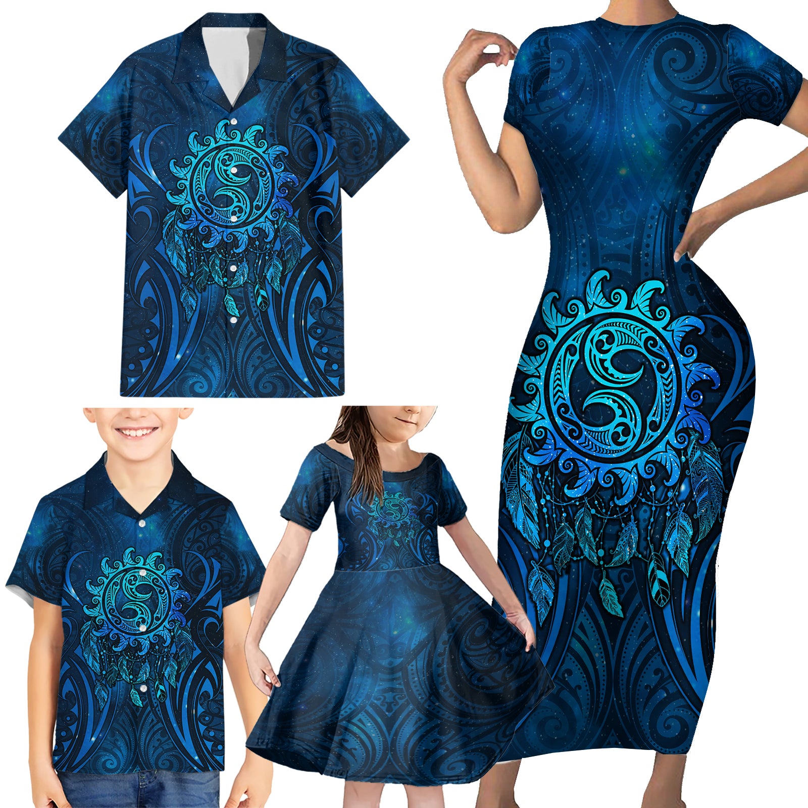 New Zealand Dream Catcher Family Matching Short Sleeve Bodycon Dress and Hawaiian Shirt Maori Koru Pattern Blue Version LT05 - Polynesian Pride