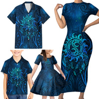 New Zealand Dream Catcher Family Matching Short Sleeve Bodycon Dress and Hawaiian Shirt Maori Koru Pattern Blue Version LT05 - Polynesian Pride