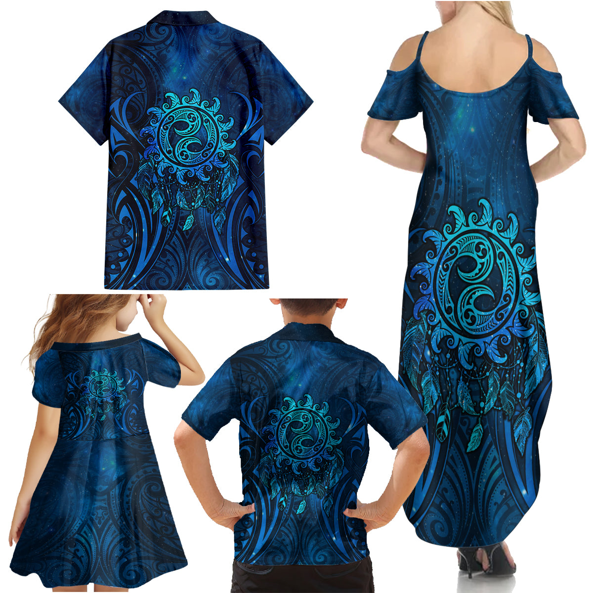New Zealand Dream Catcher Family Matching Summer Maxi Dress and Hawaiian Shirt Maori Koru Pattern Blue Version LT05 - Polynesian Pride