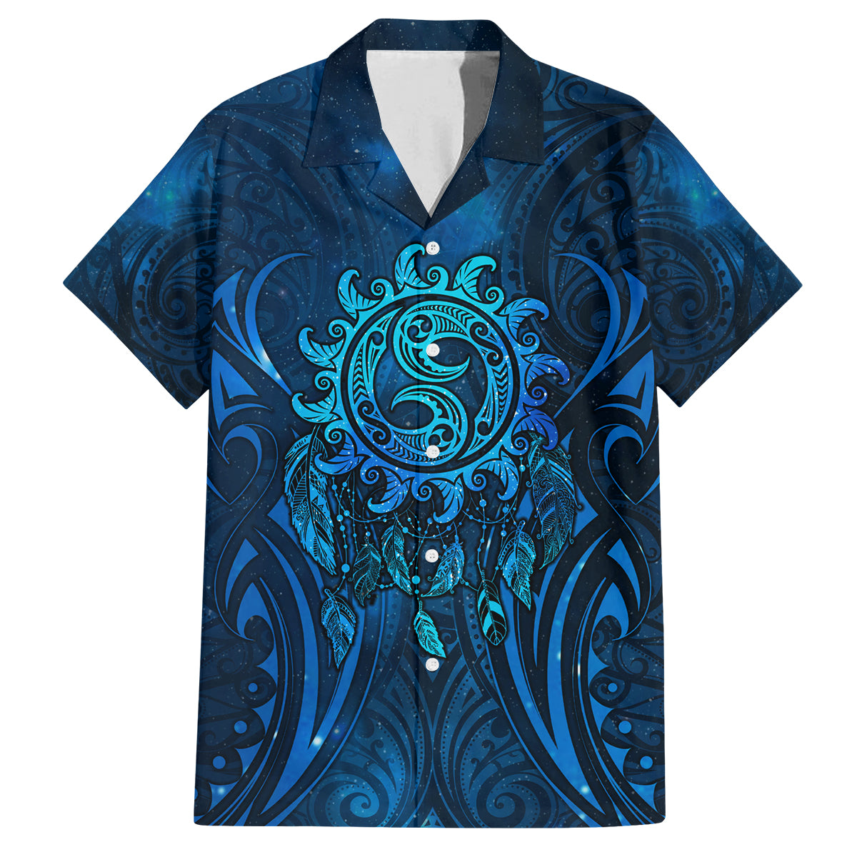 New Zealand Dream Catcher Family Matching Summer Maxi Dress and Hawaiian Shirt Maori Koru Pattern Blue Version LT05 Dad's Shirt - Short Sleeve Blue - Polynesian Pride