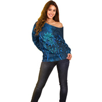 New Zealand Dream Catcher Off Shoulder Sweater Maori Koru Pattern Blue Version