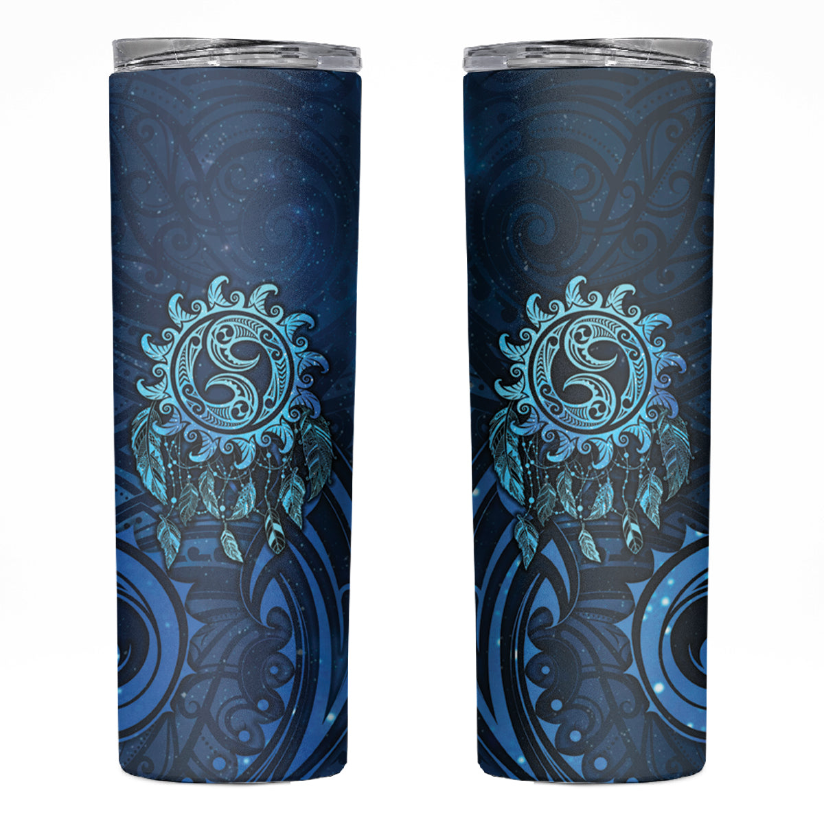 New Zealand Dream Catcher Skinny Tumbler Maori Koru Pattern Blue Version