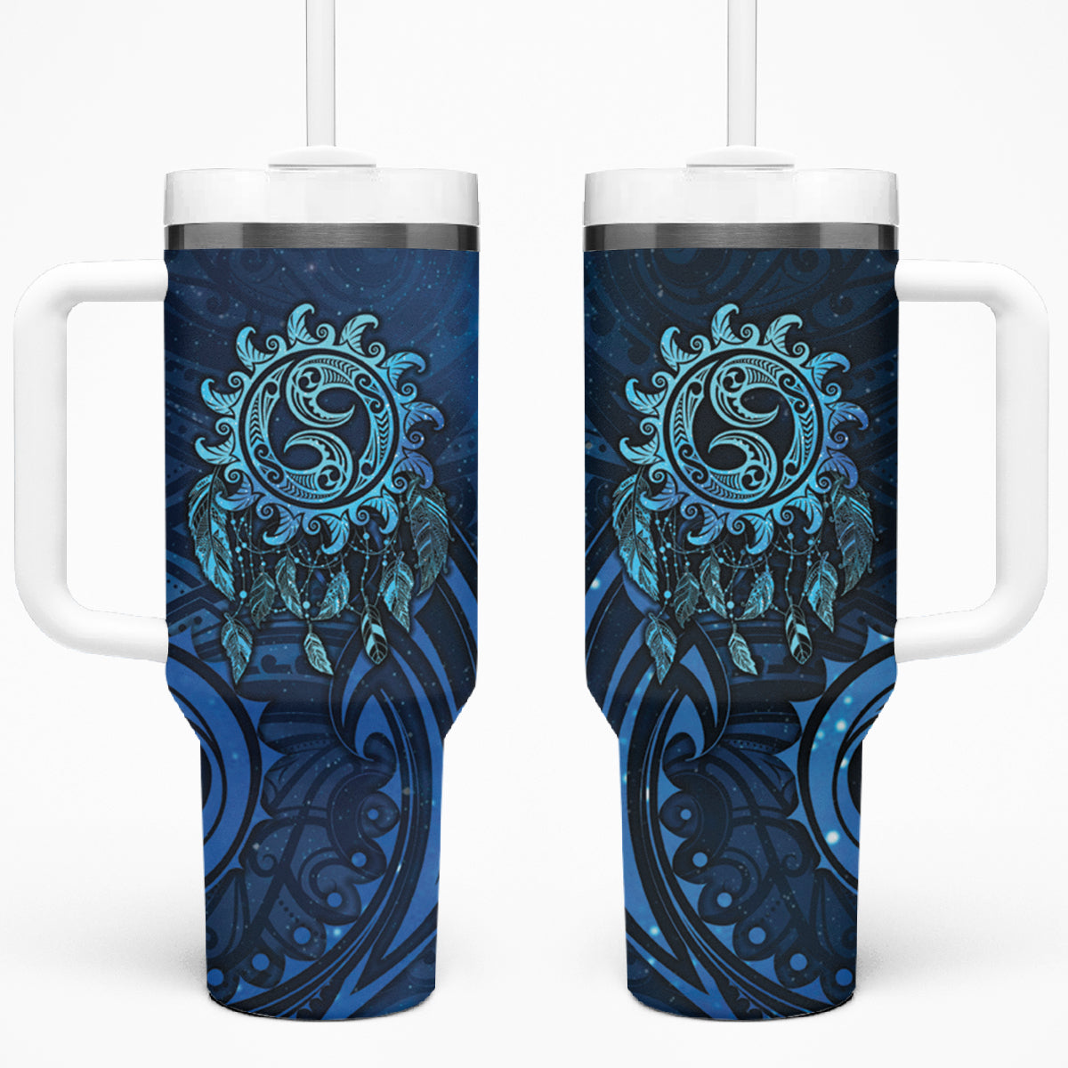 New Zealand Dream Catcher Tumbler With Handle Maori Koru Pattern Blue Version