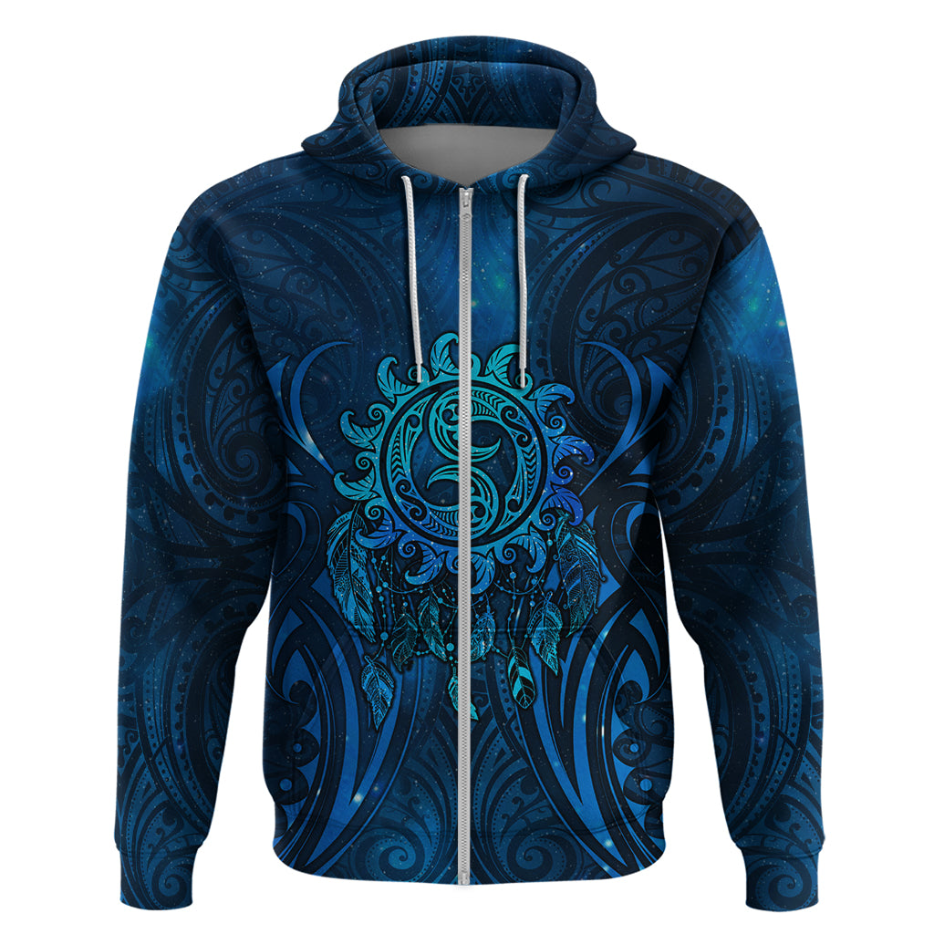 New Zealand Dream Catcher Zip Hoodie Maori Koru Pattern Blue Version