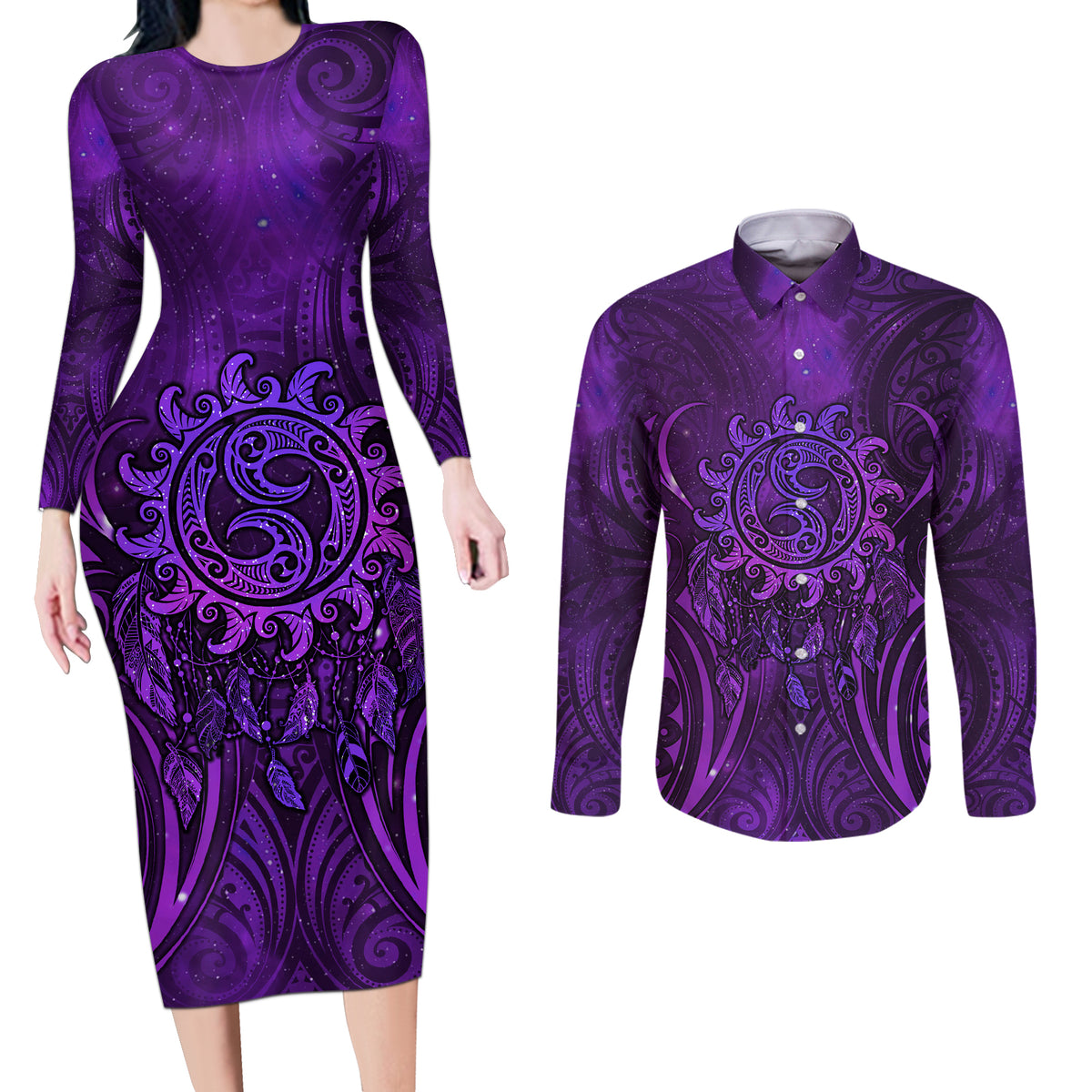 New Zealand Dream Catcher Couples Matching Long Sleeve Bodycon Dress and Long Sleeve Button Shirt Maori Koru Pattern Purple Version LT05 Purple - Polynesian Pride