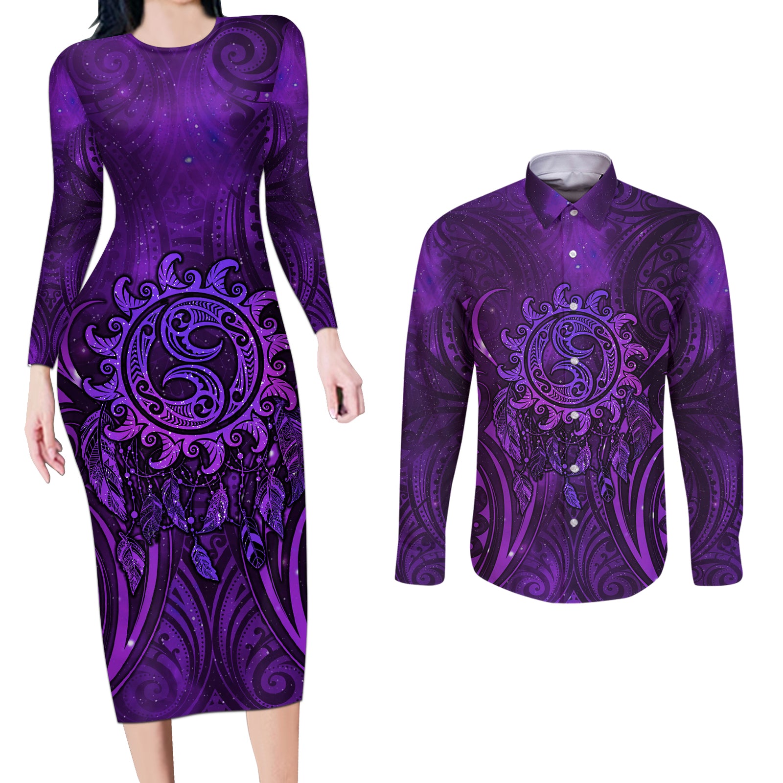 New Zealand Dream Catcher Couples Matching Long Sleeve Bodycon Dress and Long Sleeve Button Shirt Maori Koru Pattern Purple Version LT05 Purple - Polynesian Pride