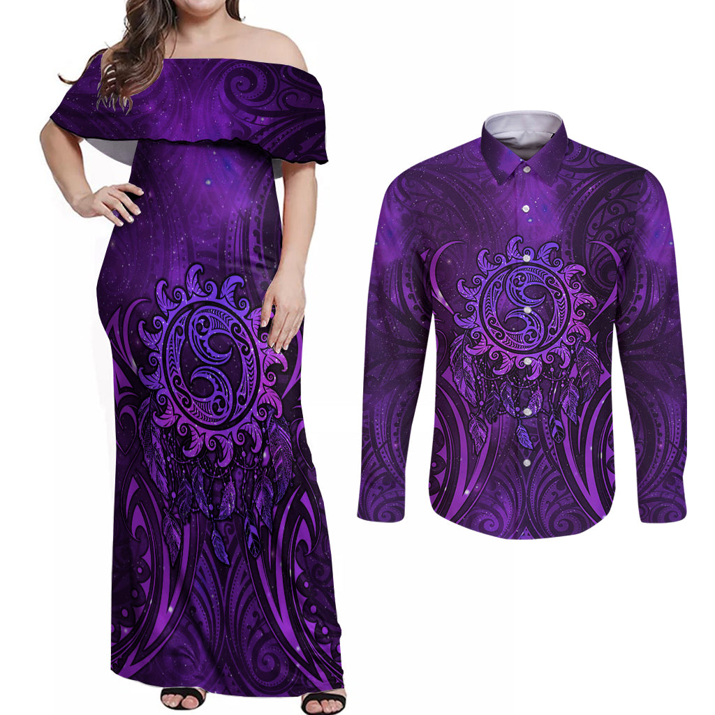 New Zealand Dream Catcher Couples Matching Off Shoulder Maxi Dress and Long Sleeve Button Shirt Maori Koru Pattern Purple Version LT05 Purple - Polynesian Pride