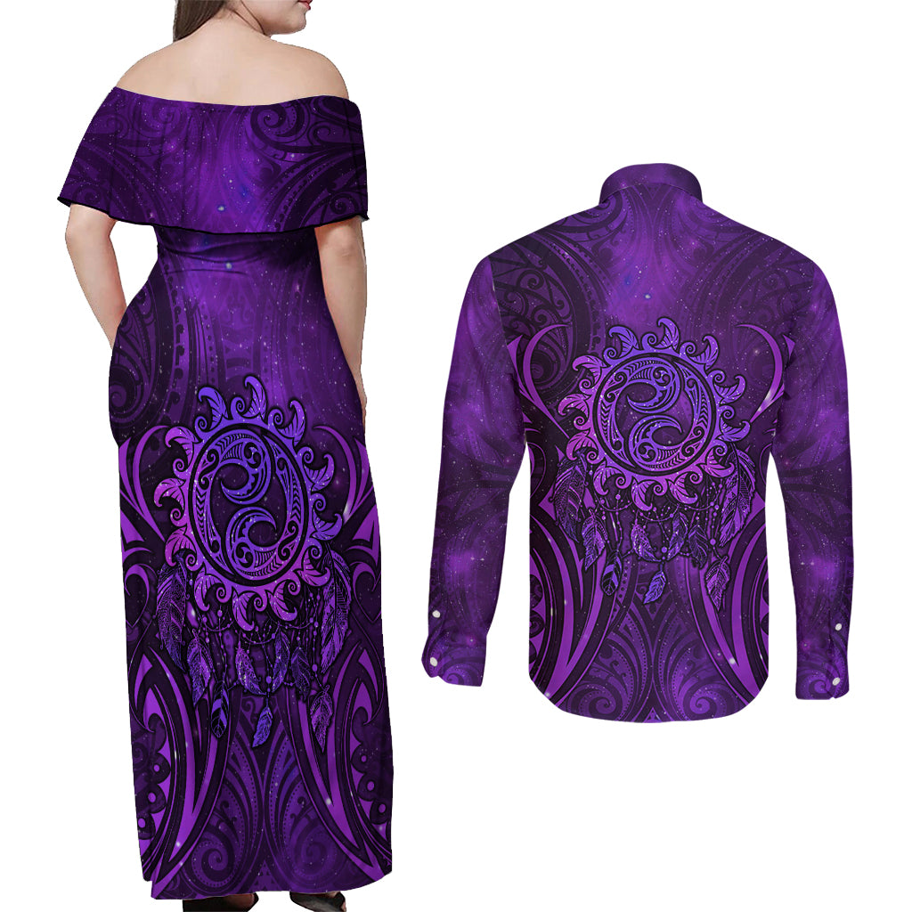 New Zealand Dream Catcher Couples Matching Off Shoulder Maxi Dress and Long Sleeve Button Shirt Maori Koru Pattern Purple Version LT05 - Polynesian Pride