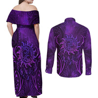 New Zealand Dream Catcher Couples Matching Off Shoulder Maxi Dress and Long Sleeve Button Shirt Maori Koru Pattern Purple Version LT05 - Polynesian Pride