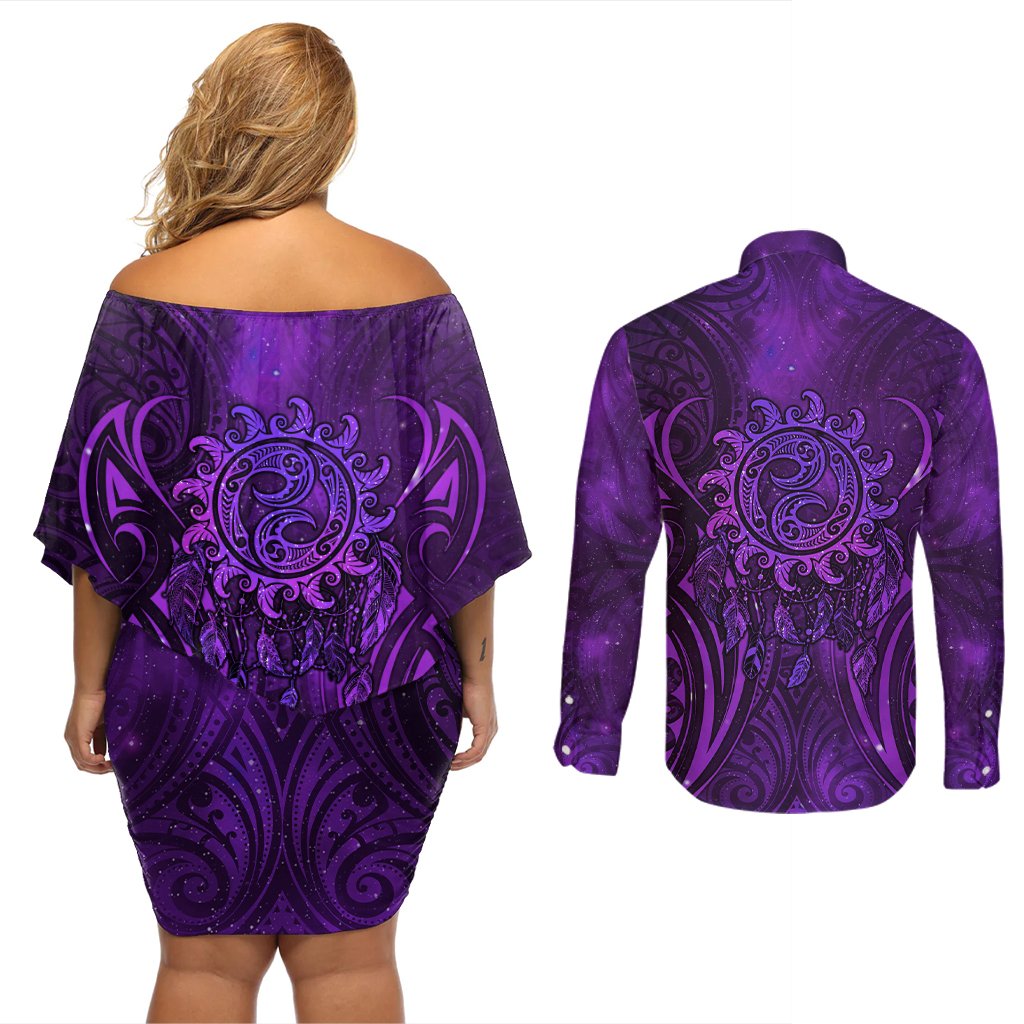 New Zealand Dream Catcher Couples Matching Off Shoulder Short Dress and Long Sleeve Button Shirt Maori Koru Pattern Purple Version LT05 - Polynesian Pride