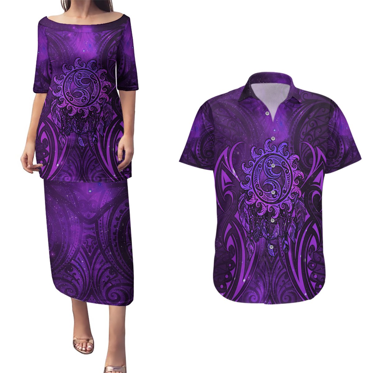 New Zealand Dream Catcher Couples Matching Puletasi and Hawaiian Shirt Maori Koru Pattern Purple Version LT05 Purple - Polynesian Pride