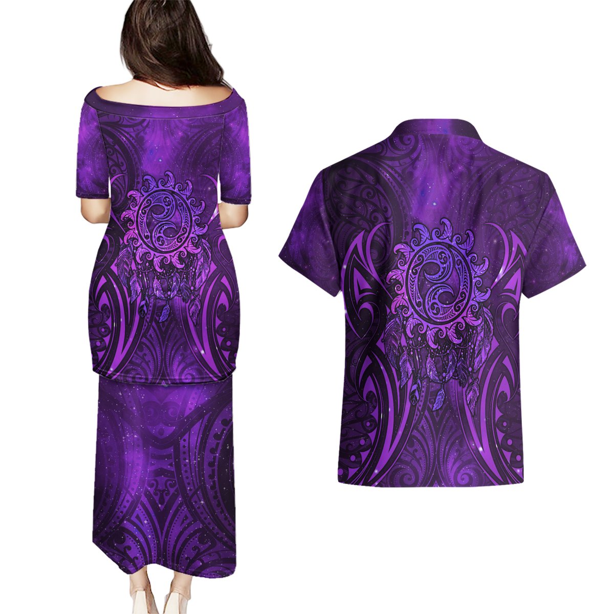 New Zealand Dream Catcher Couples Matching Puletasi and Hawaiian Shirt Maori Koru Pattern Purple Version LT05 - Polynesian Pride