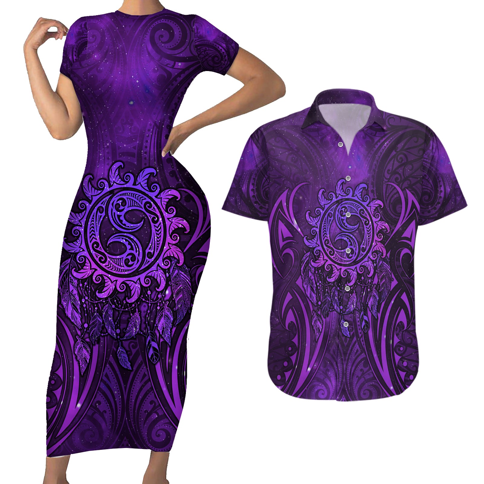 New Zealand Dream Catcher Couples Matching Short Sleeve Bodycon Dress and Hawaiian Shirt Maori Koru Pattern Purple Version